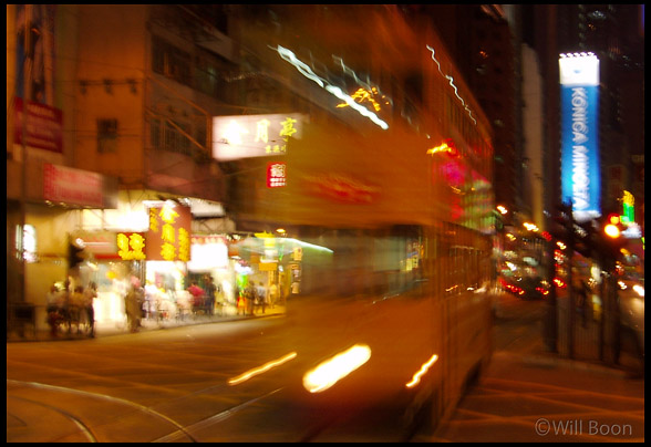 The blur of a
 Hong Kong bus at night