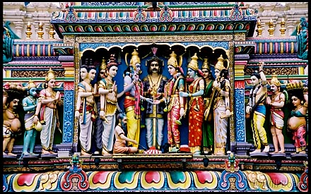 Figurative sculptures seen above a Hindu temple, Singapore