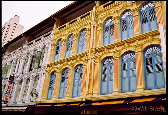 Decorative and
 colourful building facades of old Chinese houses, Singapore