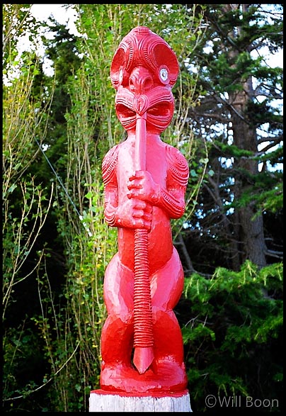 Red Mauri statue seen in
 the South Island of New Zealand