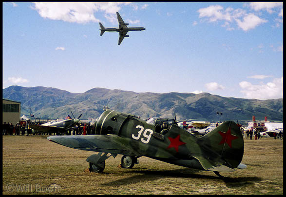 Polikarpov I-16 with a RNZAF B757
 circling, Wanaka International Airshow