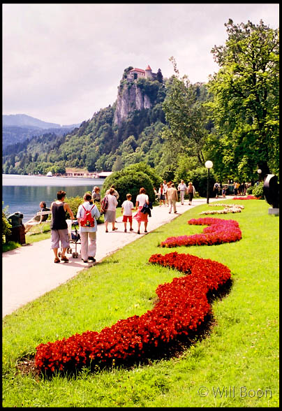 People take a stroll around lake bled, Slovenia