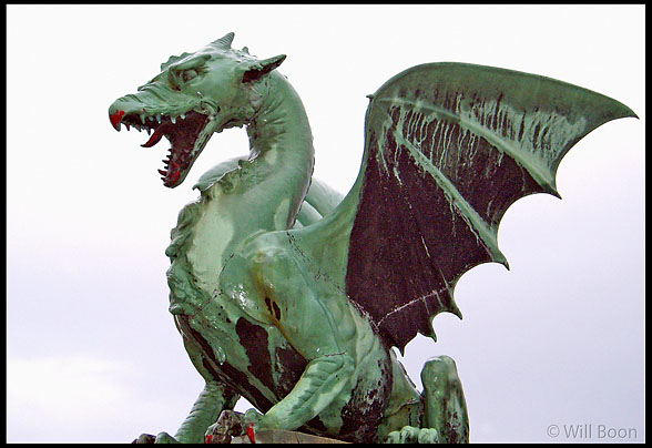One of the four menacing guards on the Dragon Bridge, Ljubljana